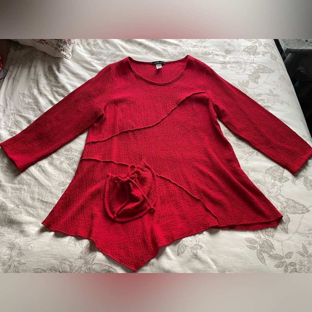 Yushi Red Crinkle Asymmtetric Hem Tunic Top Large Cinch Pocket Lagenlook‎ Artsy